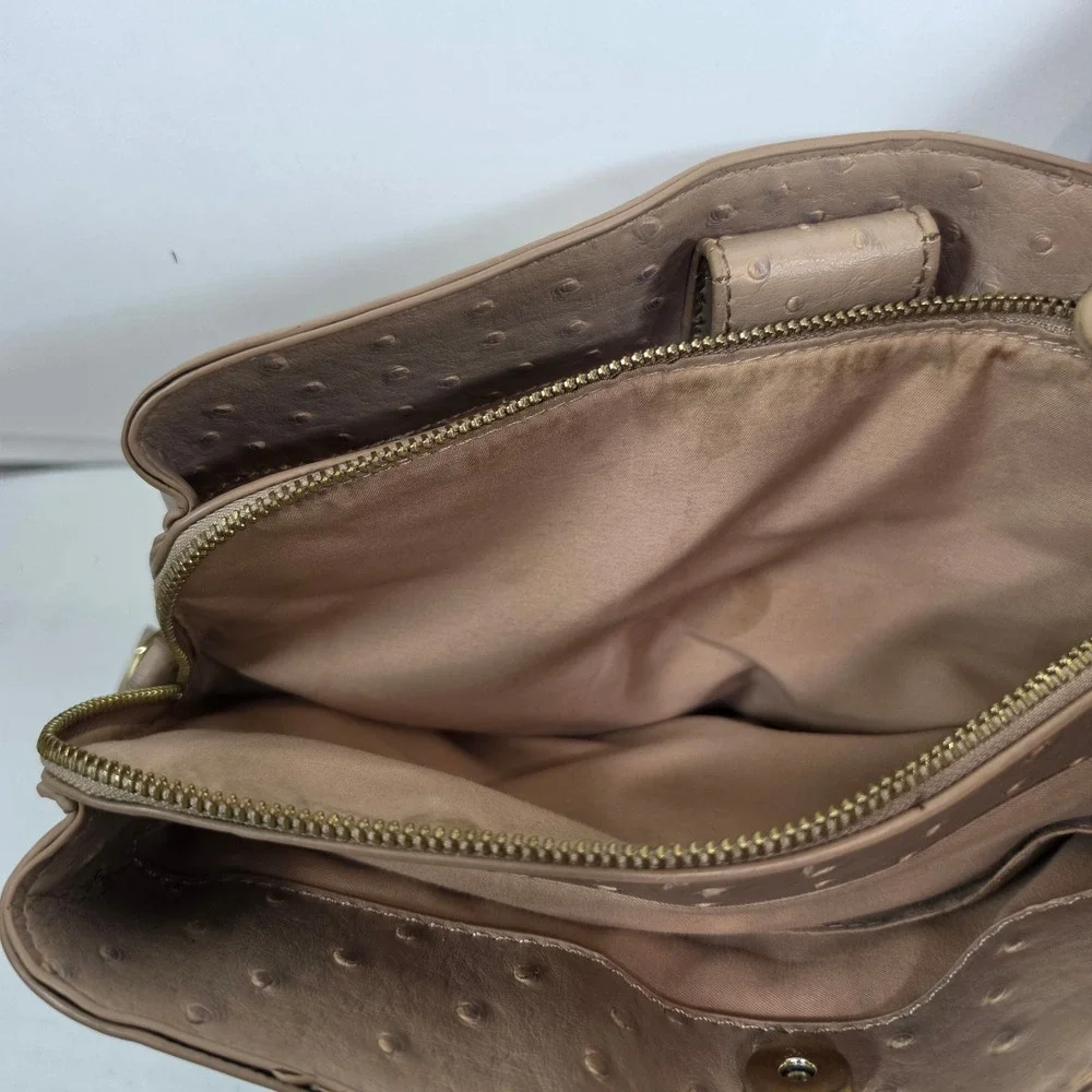 Bebe Los Angeles Ostrich Embossed Satchel Handbag Taupe Braided Handle Gold Tone